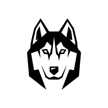 Beyaz arka planda izole edilmiş Husky kafa çizimi. Husky köpeğiyle amblem şablonu. Amblem, imza, poster, etiket için tasarım ögesi.