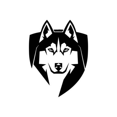 Beyaz arka planda izole edilmiş Husky kafa çizimi. Husky köpeğiyle amblem şablonu. Amblem, imza, poster, etiket için tasarım ögesi.