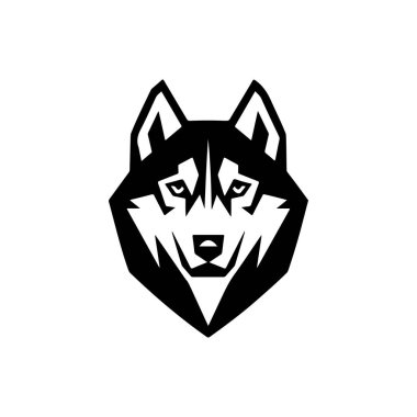 Beyaz arka planda izole edilmiş Husky kafa çizimi. Husky köpeğiyle amblem şablonu. Amblem, imza, poster, etiket için tasarım ögesi.