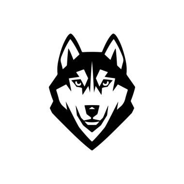 Beyaz arka planda izole edilmiş Husky kafa çizimi. Husky köpeğiyle amblem şablonu. Amblem, imza, poster, etiket için tasarım ögesi.