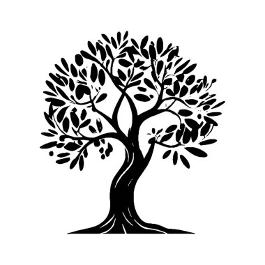 Zeytin ağacı silueti simgesi. Logo, etiket ve imza için tasarım ögesi. Vektör illüstrasyonu