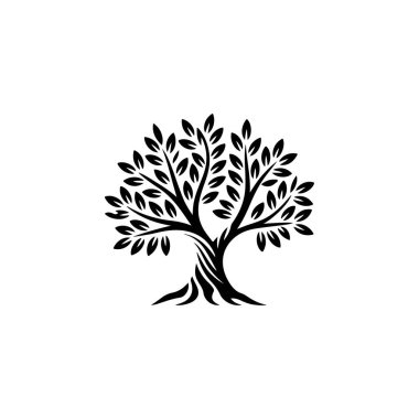 Zeytin ağacı silueti simgesi. Logo, etiket ve imza için tasarım ögesi. Vektör illüstrasyonu