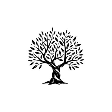 Zeytin ağacı silueti simgesi. Logo, etiket ve imza için tasarım ögesi. Vektör illüstrasyonu