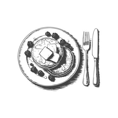 Şerbetli, tereyağlı, böğürtlenli krep çizimi. Krepli sağlıklı kahvaltı. Vektör illüstrasyonu