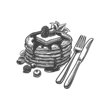 Şerbetli, tereyağlı, böğürtlenli krep çizimi. Krepli sağlıklı kahvaltı. Vektör illüstrasyonu