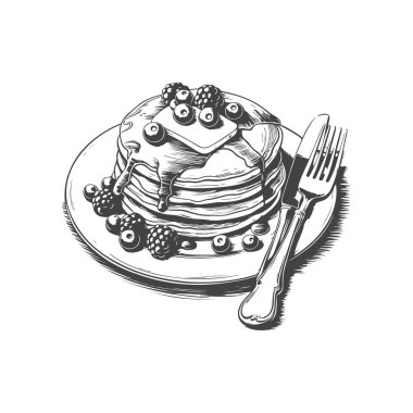 Şerbetli, tereyağlı, böğürtlenli krep çizimi. Krepli sağlıklı kahvaltı. Vektör illüstrasyonu