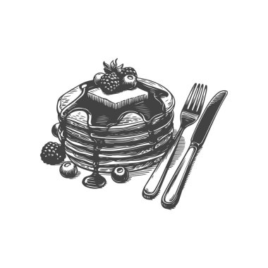 Şerbetli, tereyağlı, böğürtlenli krep çizimi. Krepli sağlıklı kahvaltı. Vektör illüstrasyonu