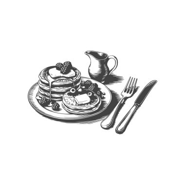 Şerbetli, tereyağlı, böğürtlenli krep çizimi. Krepli sağlıklı kahvaltı. Vektör illüstrasyonu