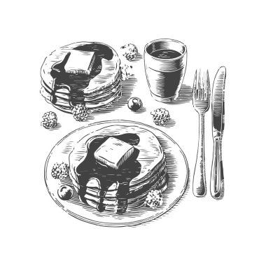 Şerbetli, tereyağlı, böğürtlenli krep çizimi. Krepli sağlıklı kahvaltı. Vektör illüstrasyonu