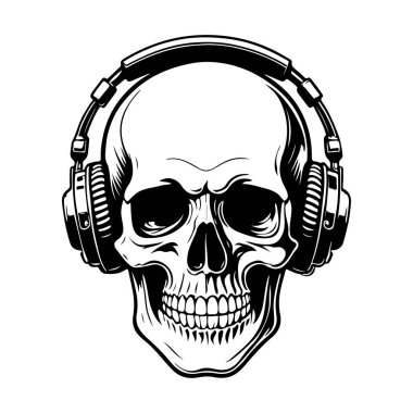 Kulaklıklı kafatası tasviri. Müzik kafatası. Logo, etiket ve tasarım için tasarım ögesi. Vektör illüstrasyonu