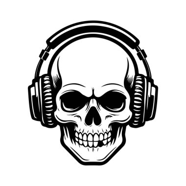 Kulaklıklı kafatası tasviri. Müzik kafatası. Logo, etiket ve tasarım için tasarım ögesi. Vektör illüstrasyonu
