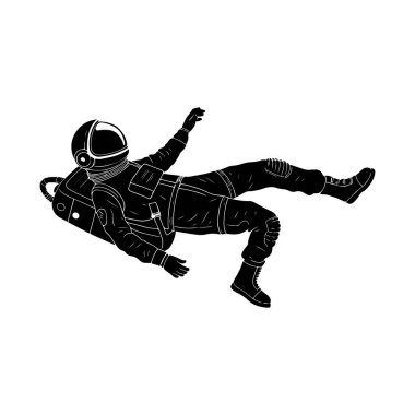 Bir uzay adamının tasviri. Uzaylı figürü uzayda uçuyor. Amblem, imza, poster, etiket için tasarım ögesi.