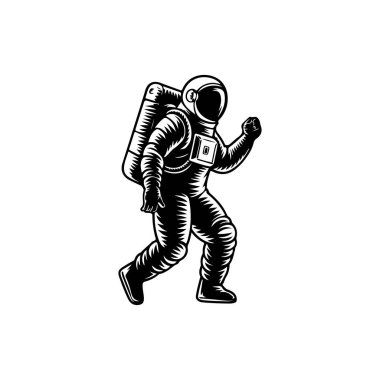 Bir uzay adamının tasviri. Uzaylı figürü uzayda uçuyor. Amblem, imza, poster, etiket için tasarım ögesi.