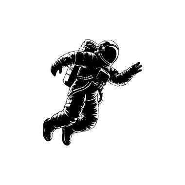 Bir uzay adamının tasviri. Uzaylı figürü uzayda uçuyor. Amblem, imza, poster, etiket için tasarım ögesi.