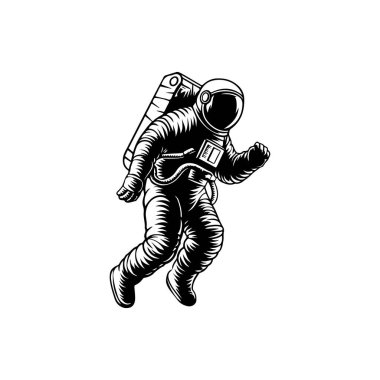 Bir uzay adamının tasviri. Uzaylı figürü uzayda uçuyor. Amblem, imza, poster, etiket için tasarım ögesi.
