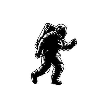 Bir uzay adamının tasviri. Uzaylı figürü uzayda uçuyor. Amblem, imza, poster, etiket için tasarım ögesi.