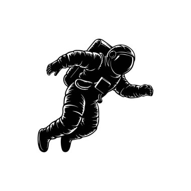 Bir uzay adamının tasviri. Uzaylı figürü uzayda uçuyor. Amblem, imza, poster, etiket için tasarım ögesi.