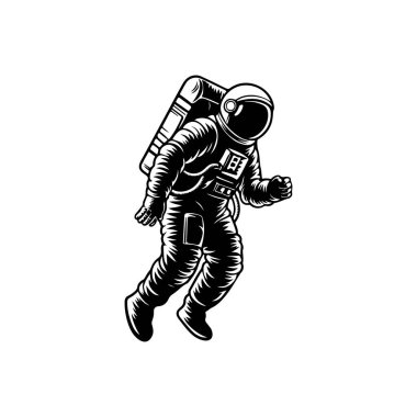 Bir uzay adamının tasviri. Uzaylı figürü uzayda uçuyor. Amblem, imza, poster, etiket için tasarım ögesi.