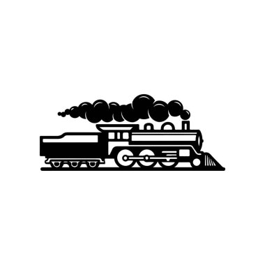 Beyaz arka planda izole edilmiş klasik trenler. Lokomotif simgesi. Etiket, marka işareti, işaret, poster için tasarım ögesi. Vektör illüstrasyonu