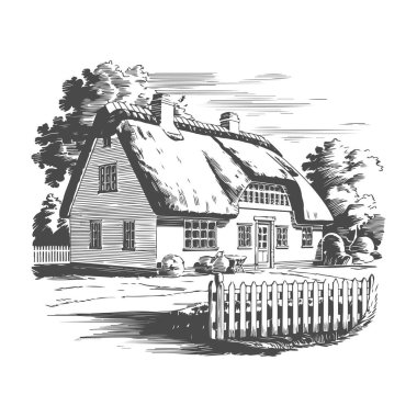Köydeki evin Retro oymacılığı. Vektör illüstrasyonu