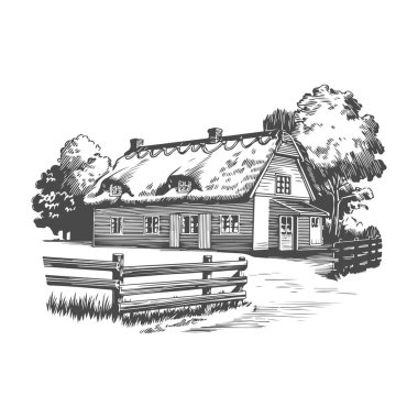 Köydeki evin Retro oymacılığı. Vektör illüstrasyonu