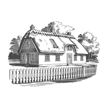 Köydeki evin Retro oymacılığı. Vektör illüstrasyonu