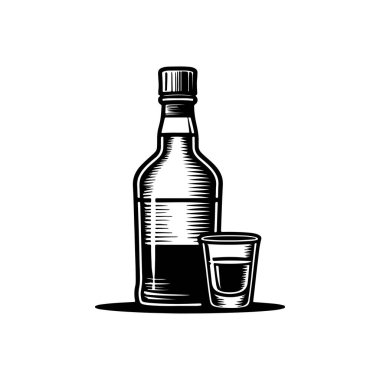 Viski ve cam şişesinin resmi. Logo, etiket ve tasarım için tasarım ögesi. Vektör illüstrasyonu