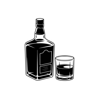 Viski ve cam şişesinin resmi. Logo, etiket ve tasarım için tasarım ögesi. Vektör illüstrasyonu