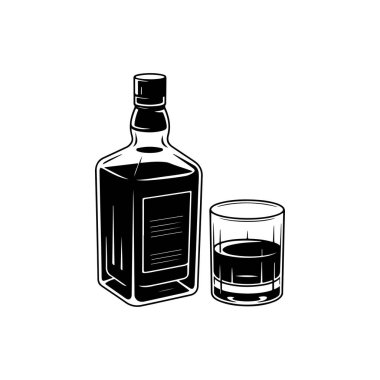Viski ve cam şişesinin resmi. Logo, etiket ve tasarım için tasarım ögesi. Vektör illüstrasyonu