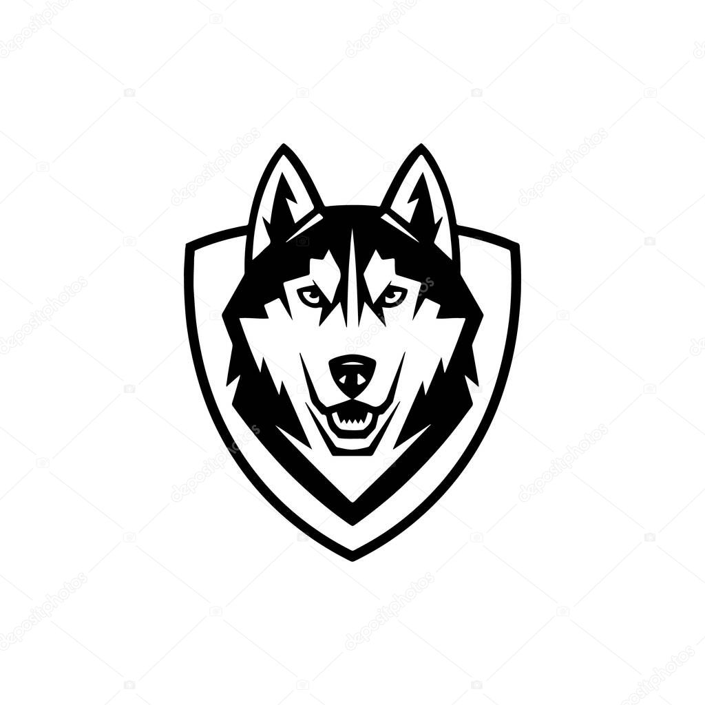 Husky head illustration isolated on white background. Emblem template with Husky dog. Design element for emblem, sign, poster, label.