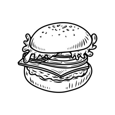 El çizimi hamburger, hamburger. Çizim stili hamburger, burger. Vektör illüstrasyonu