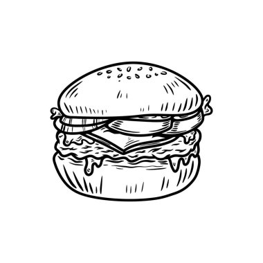 El çizimi hamburger, hamburger. Çizim stili hamburger, burger. Vektör illüstrasyonu