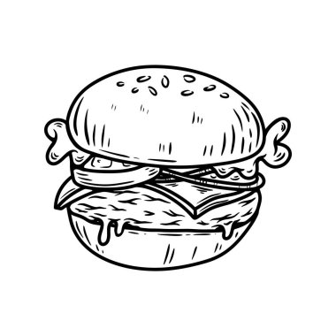 El çizimi hamburger, hamburger. Çizim stili hamburger, burger. Vektör illüstrasyonu
