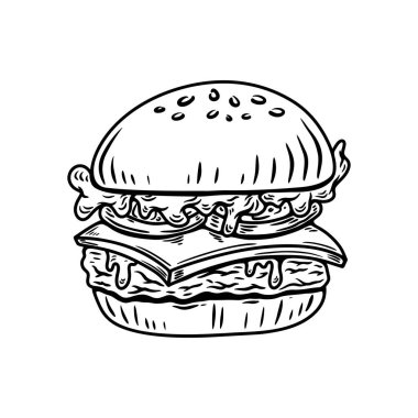 El çizimi hamburger, hamburger. Çizim stili hamburger, burger. Vektör illüstrasyonu