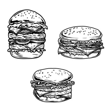 El çizimi hamburger, hamburger. Çizim stili hamburger, burger. Vektör illüstrasyonu