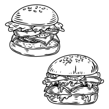 El çizimi hamburger, hamburger. Çizim stili hamburger, burger. Vektör illüstrasyonu