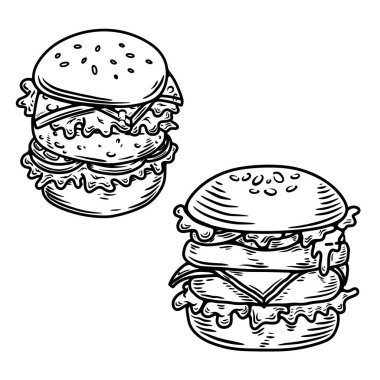 El çizimi hamburger, hamburger. Çizim stili hamburger, burger. Vektör illüstrasyonu