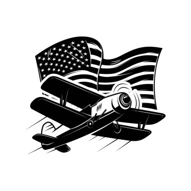 Amerikan bayrağı taşıyan Retro uçak. Poster, kart, pankart, imza için tasarım elemanı. Vektör illüstrasyonu