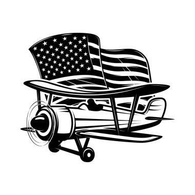 Amerikan bayrağı taşıyan Retro uçak. Poster, kart, pankart, imza için tasarım elemanı. Vektör illüstrasyonu