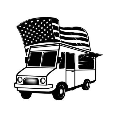 Amerikan bayrağı taşıyan Retro yemek kamyonu. Poster, kart, pankart, imza için tasarım elemanı. Vektör illüstrasyonu