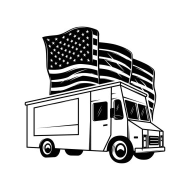 Amerikan bayrağı taşıyan Retro yemek kamyonu. Poster, kart, pankart, imza için tasarım elemanı. Vektör illüstrasyonu