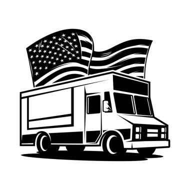 Amerikan bayrağı taşıyan Retro yemek kamyonu. Poster, kart, pankart, imza için tasarım elemanı. Vektör illüstrasyonu
