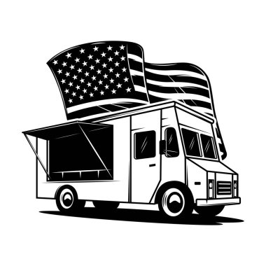 Amerikan bayrağı taşıyan Retro yemek kamyonu. Poster, kart, pankart, imza için tasarım elemanı. Vektör illüstrasyonu