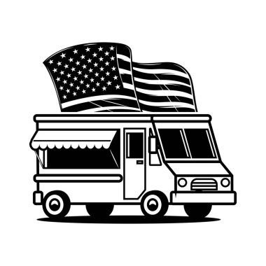 Amerikan bayrağı taşıyan Retro yemek kamyonu. Poster, kart, pankart, imza için tasarım elemanı. Vektör illüstrasyonu
