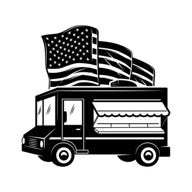 Amerikan bayrağı taşıyan Retro yemek kamyonu. Poster, kart, pankart, imza için tasarım elemanı. Vektör illüstrasyonu