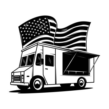 Amerikan bayrağı taşıyan Retro yemek kamyonu. Poster, kart, pankart, imza için tasarım elemanı. Vektör illüstrasyonu