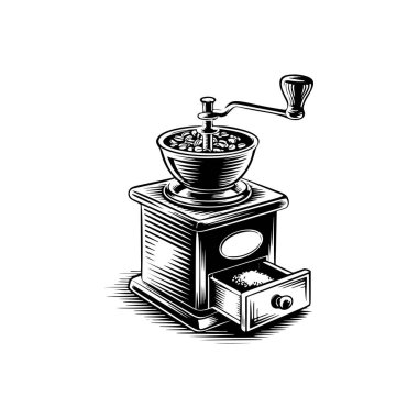 Kahve değirmeni ikonu beyaza izole edilmiş. Klasik kahve öğütücüsü. Logo, etiket, işaret, poster ve el ilanları için tasarım elemanı. Vektör illüstrasyonu