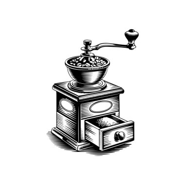 Kahve değirmeni ikonu beyaza izole edilmiş. Klasik kahve öğütücüsü. Logo, etiket, işaret, poster ve el ilanları için tasarım elemanı. Vektör illüstrasyonu
