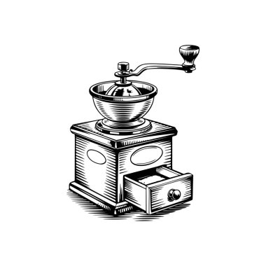 Kahve değirmeni ikonu beyaza izole edilmiş. Klasik kahve öğütücüsü. Logo, etiket, işaret, poster ve el ilanları için tasarım elemanı. Vektör illüstrasyonu