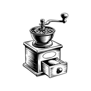 Kahve değirmeni ikonu beyaza izole edilmiş. Klasik kahve öğütücüsü. Logo, etiket, işaret, poster ve el ilanları için tasarım elemanı. Vektör illüstrasyonu